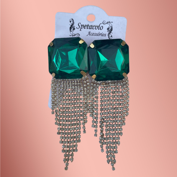 Bijuteria - Brinco Pedra Verde Grande com Strass