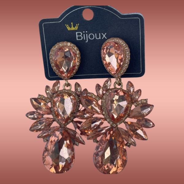 Bijuteria - Brinco Pedras Gotas Pessego e Metal Dourado