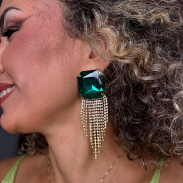 Bijuteria - Brinco Pedra Verde Grande com Strass - Image 2