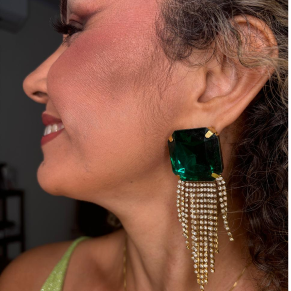 Bijuteria - Brinco Pedra Verde Grande com Strass - Image 3