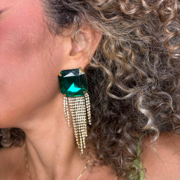 Bijuteria - Brinco Pedra Verde Grande com Strass - Image 4